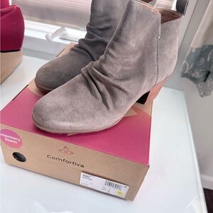 Comfortiva Women's Suede Ankle Booties in Taupe